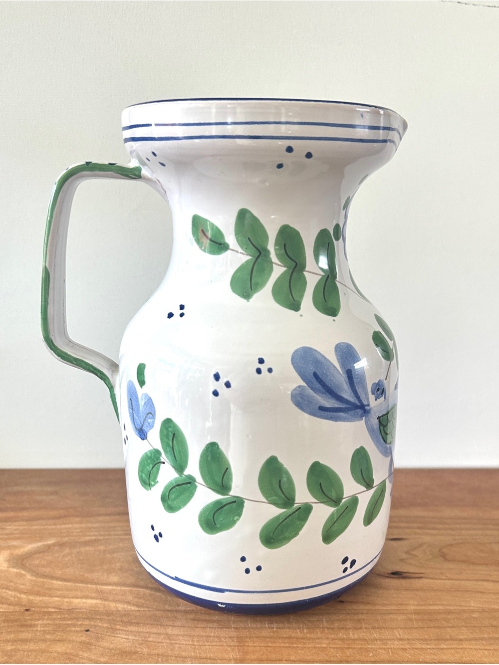 Italian Blue Birds Floral Handpainted Pitcher Vase Taste Seller By Sigma